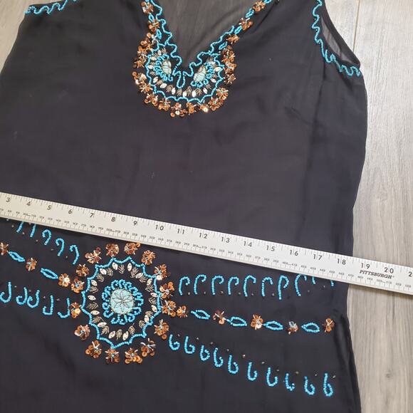 WHBM Silk Cover Up Dress Sheer Beaded Black Navajo Whimsigoth Resort Swim Boho - Picture 7 of 9